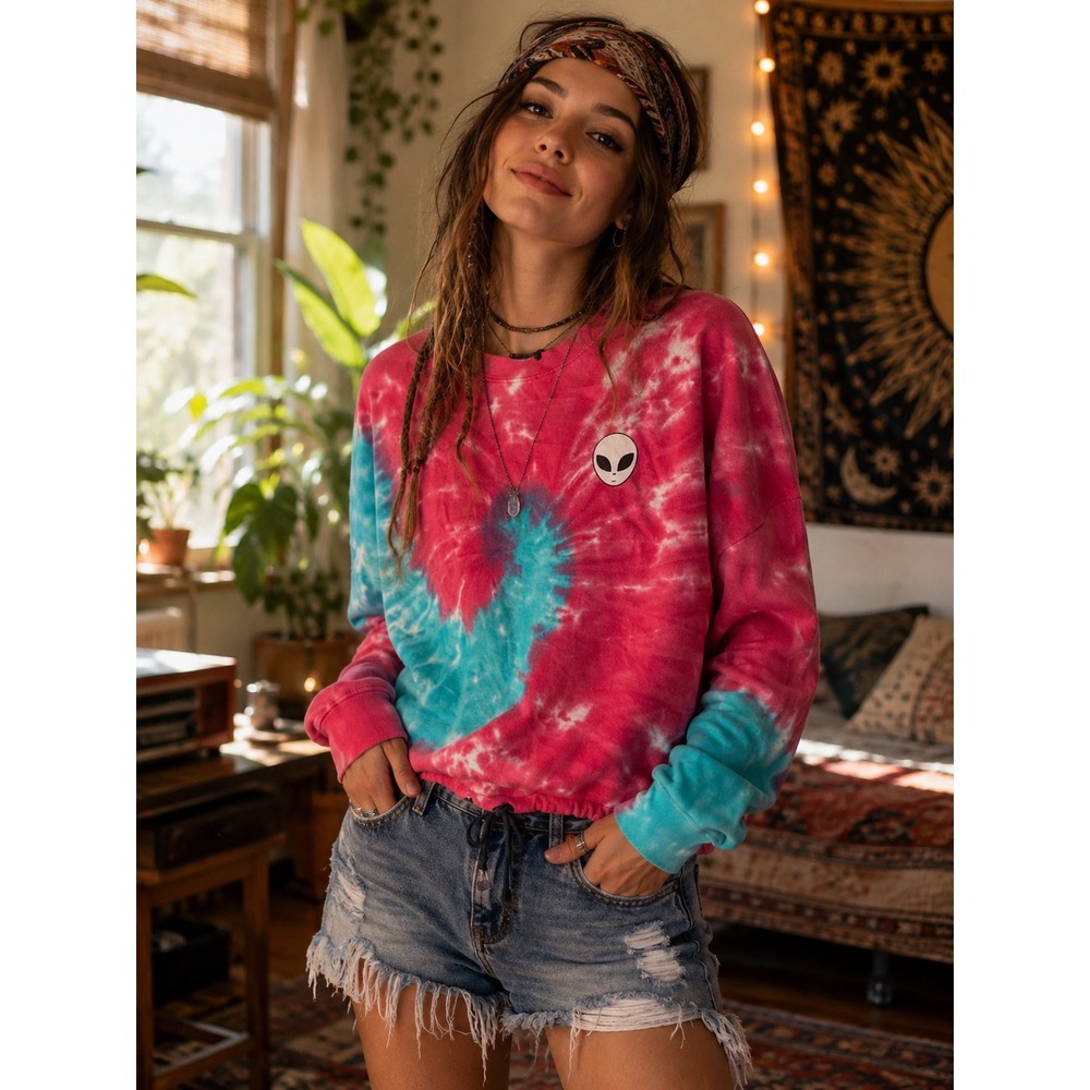 A-LAB Alien Tie Dye Sweatshirt Medium Pink Blue Cropped Drawstring Hippie
